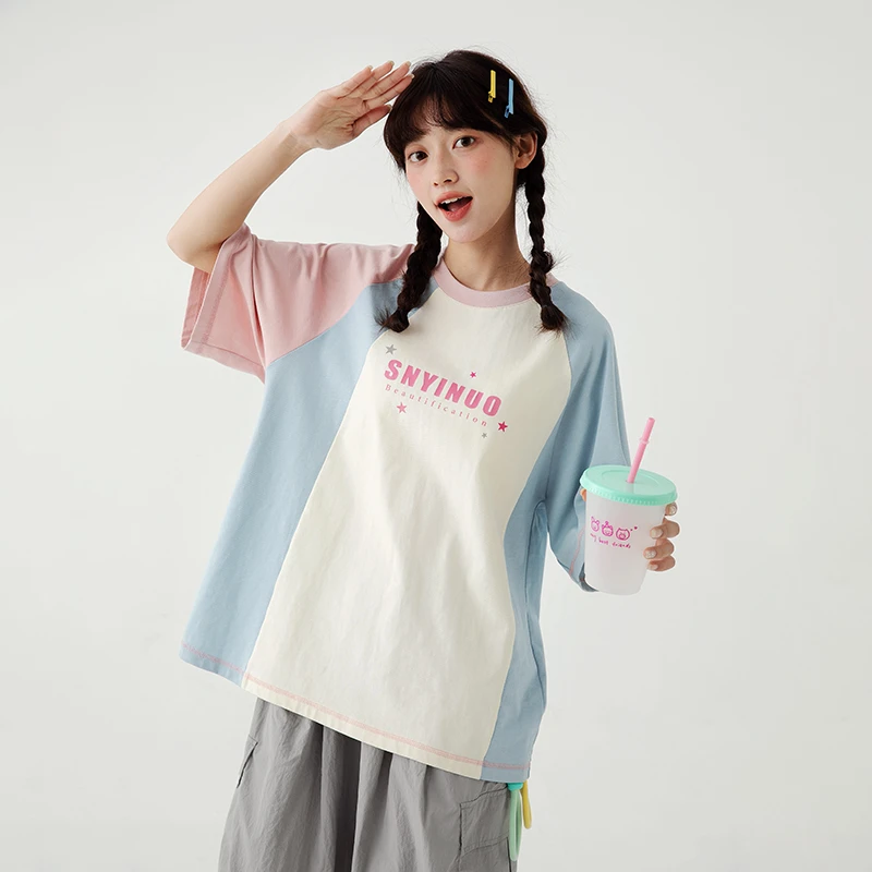 初中生夏季新款拼色T恤透气清新学院风短袖C25BT0023C