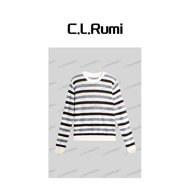 【Rumi精品】“秋风微澜”25早秋羊毛撞色条纹嵌闪圆领针织上衣7113my