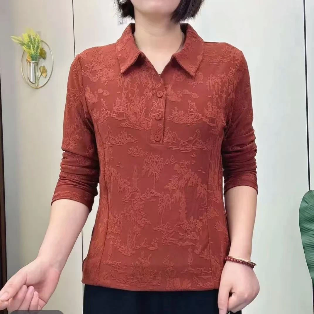 1218提花polo领长袖女士印花洋气翻领休闲上衣