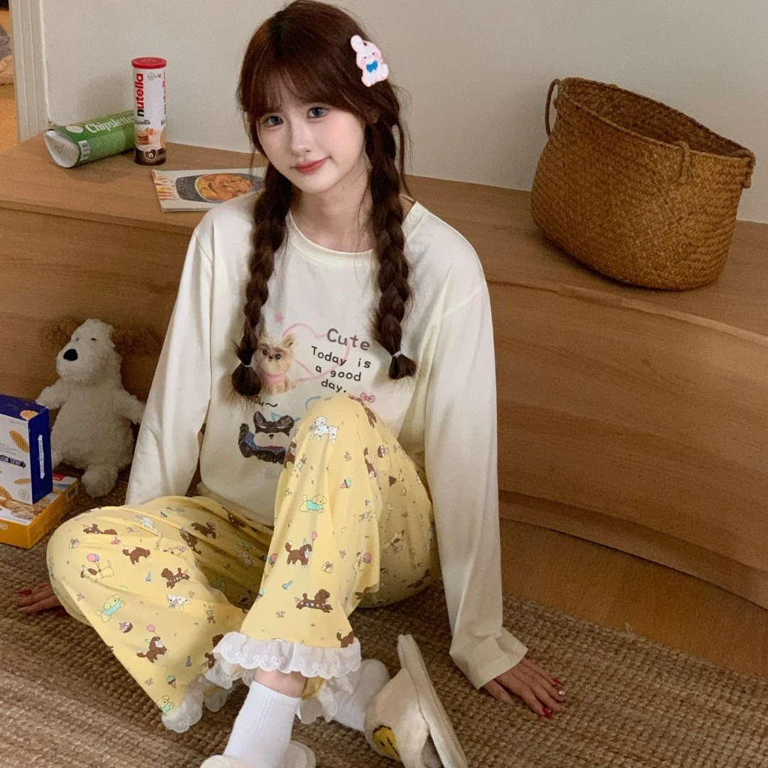 F-B6662春秋季女士甜美简约长袖睡衣套装蕾丝边温柔家居服可外穿