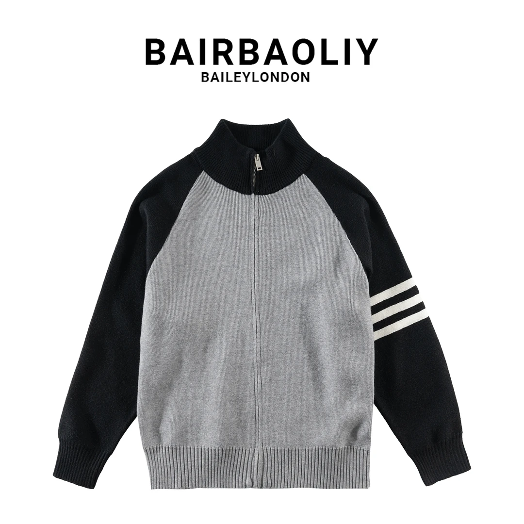 BAIRBAOLIY高品质拉链开衫毛衣条纹拼接撞色立领男士潮牌秋冬外套