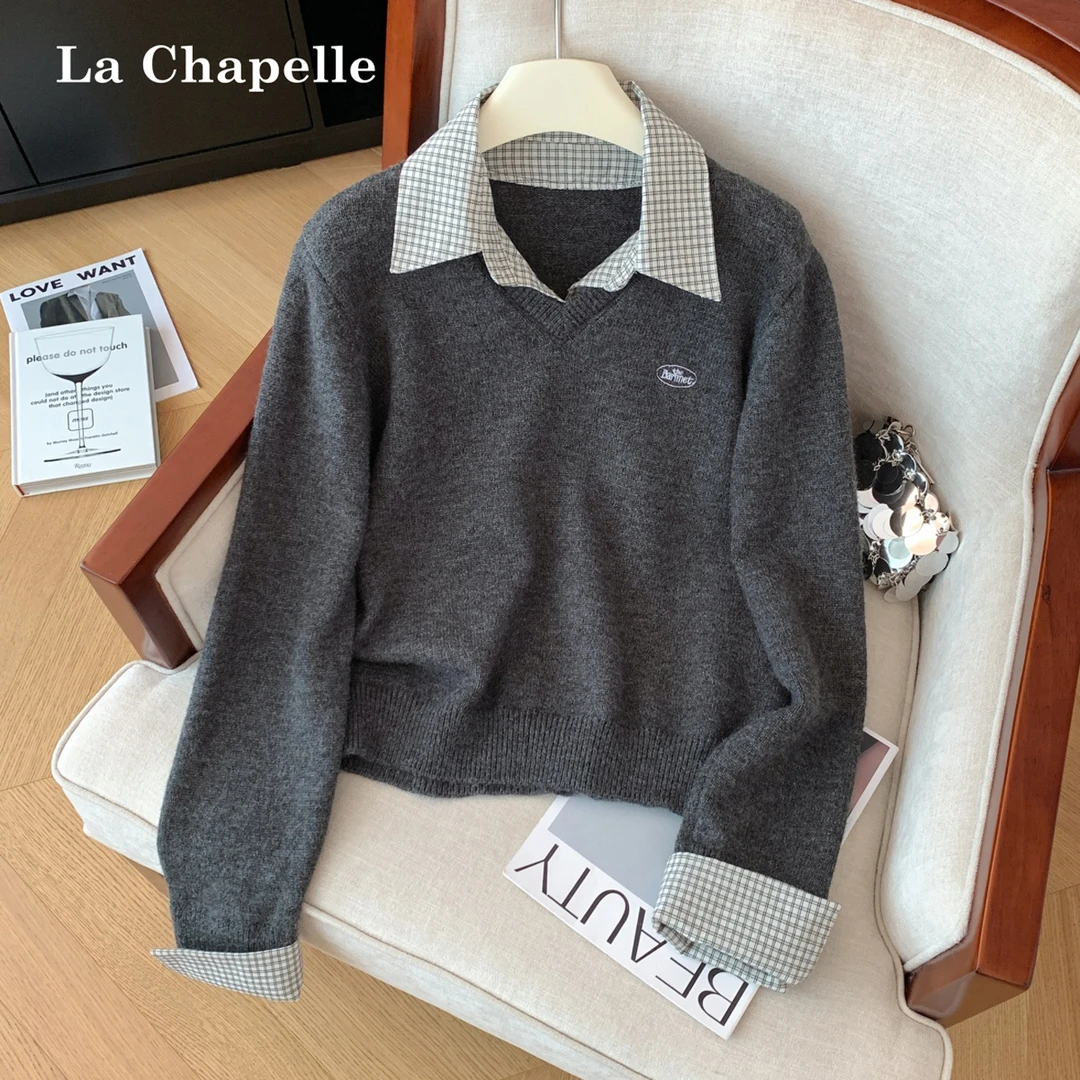 拉夏贝尔高级感秋冬季百搭假两件毛衣女新款通勤外穿显瘦拼接格子