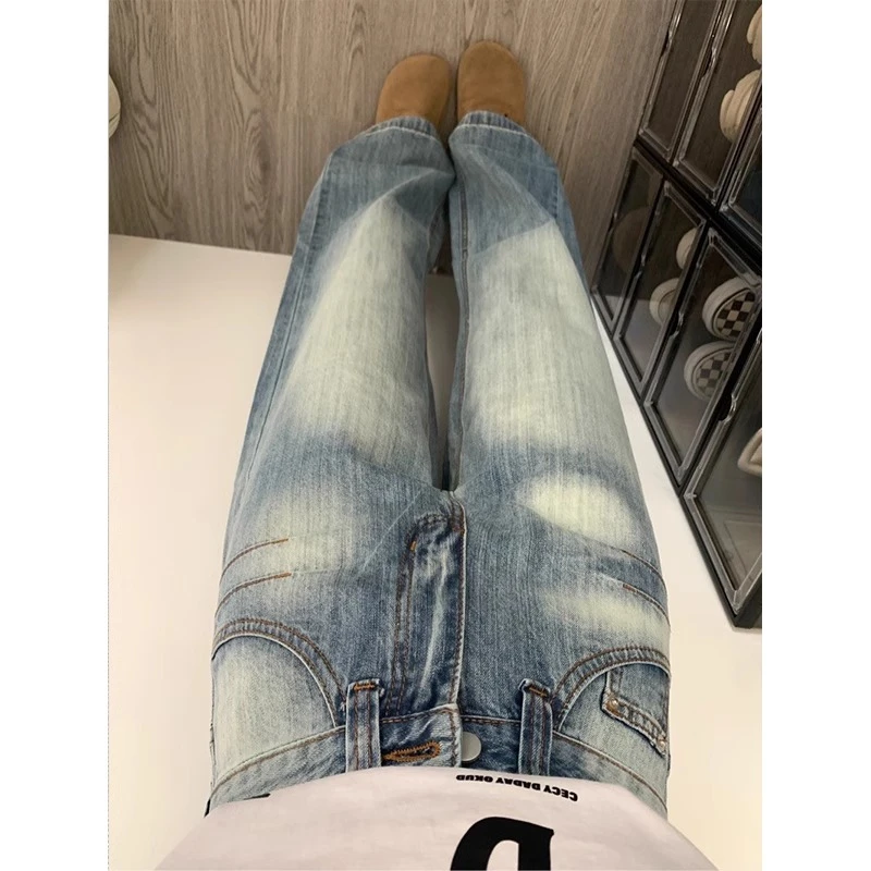 直筒牛仔裤女秋季设计感显瘦水洗蓝高腰美式复古宽松阔腿拖地裤子