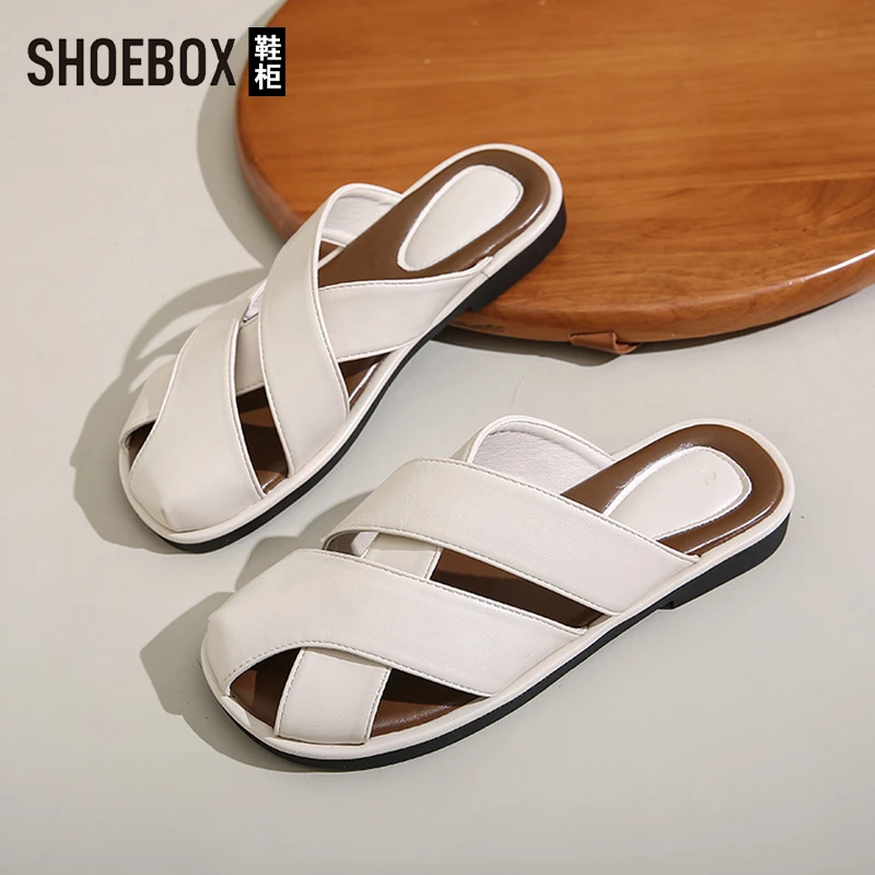 SHOEBOX鞋柜包头拖鞋女士外穿2025夏季新款镂空一脚蹬懒人拖女