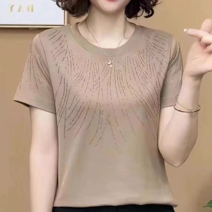 时尚新款短袖T恤高弹螺纹百搭夏季女圆领亮丝上衣显瘦妈妈装打底