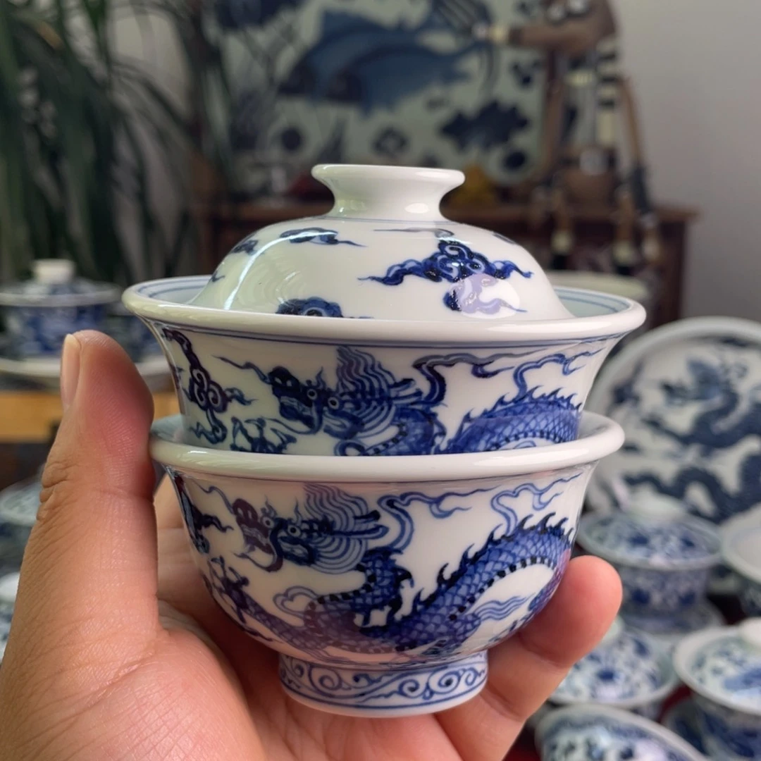 山*雾青花仿明双龙两件套微瑕