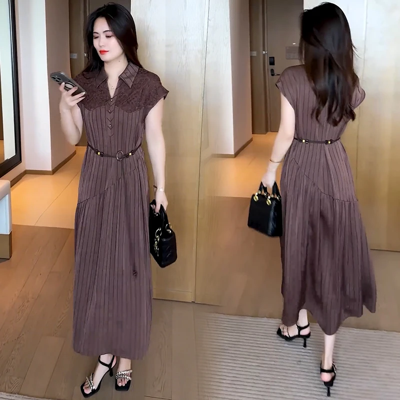 时尚条纹连衣裙女夏季新款洋气质收腰显瘦蕾丝拼接中长款减龄裙子