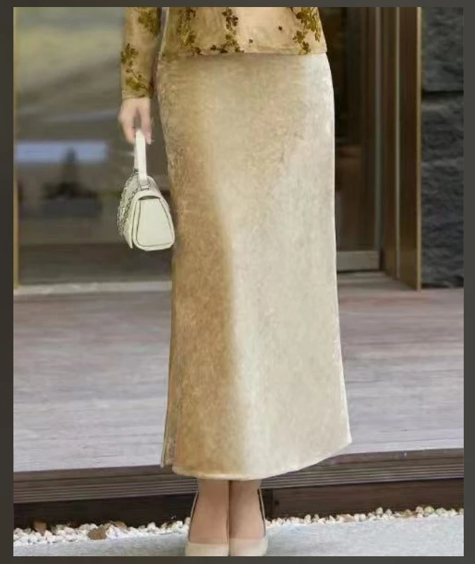 秋冬新款气质高级修身香槟色金丝绒a字半身裙2024C9955--大喜
