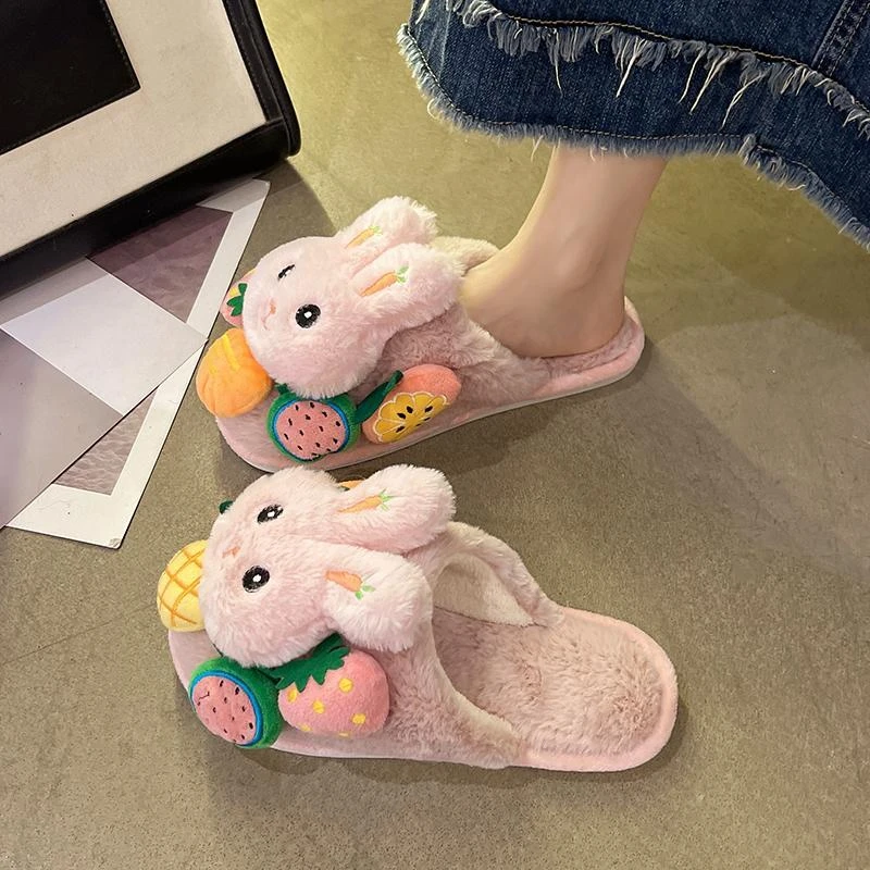 可爱卡通兔子拖鞋女冬季韩版包头保暖网红可爱室内居家毛绒拖鞋yj