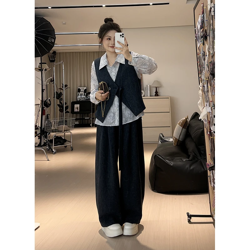 【胖佳佳】现货~蓝调时刻 长袖衬衫小香马甲长裤三件套H625T12132