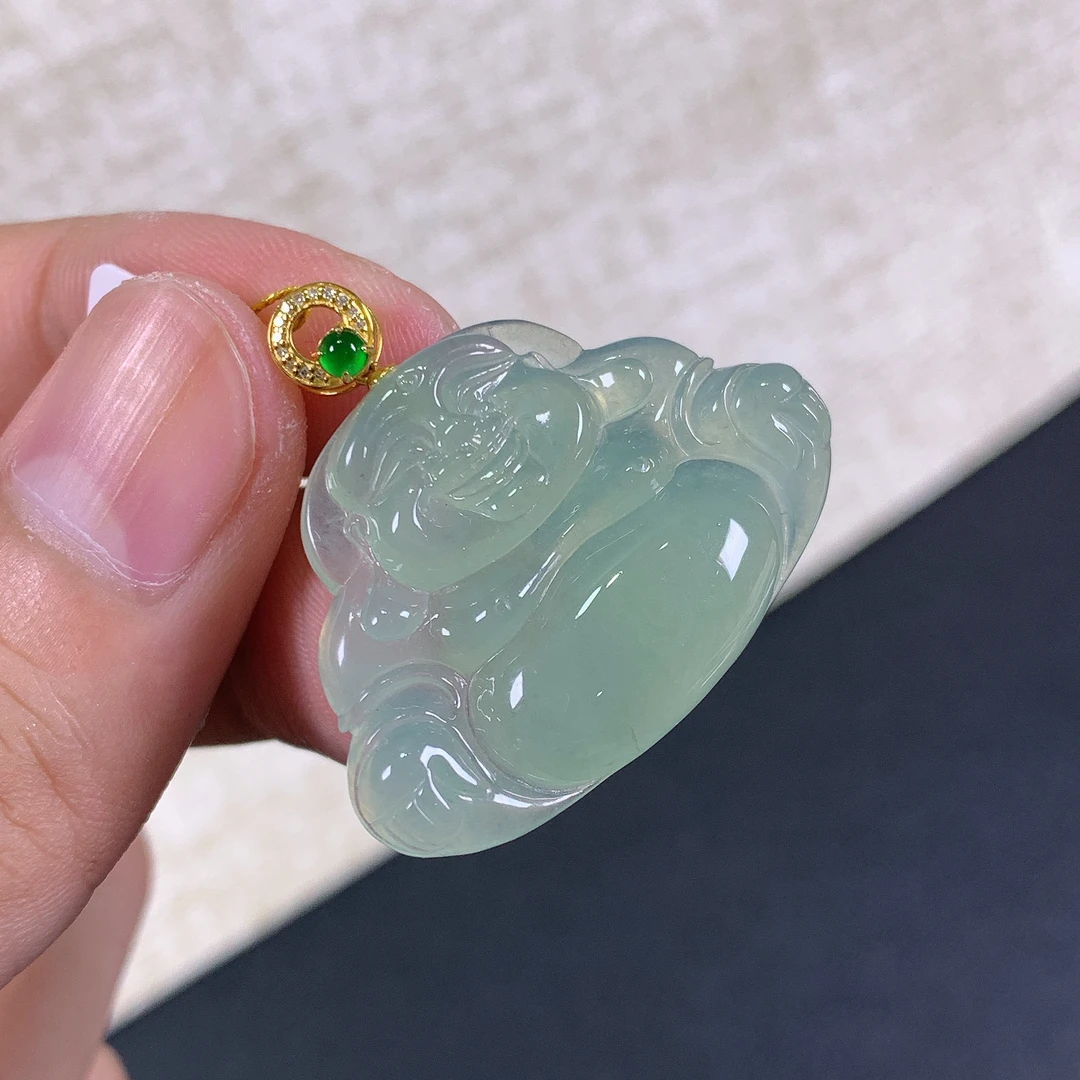 缅甸天然A货翡翠18k金镶嵌冰种莹润晴绿佛公吊坠30.3x34.1x5.3