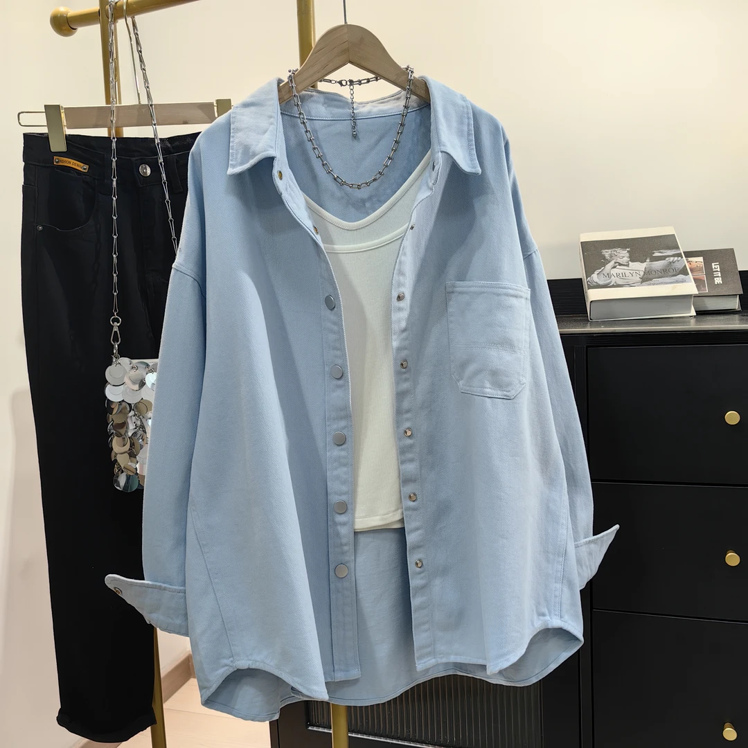 浅粉色全棉磨毛加厚衬衫女春新款韩版休闲宽松上衣中长款工装外套