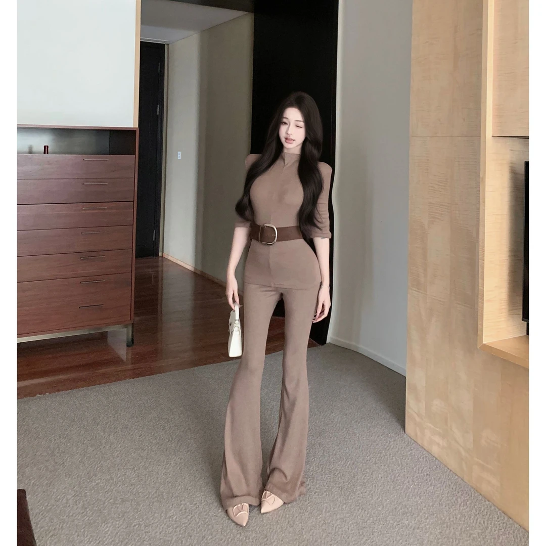 辣妹半高领修身长袖打底T恤上衣高腰休闲微喇叭拖地裤子套装女春