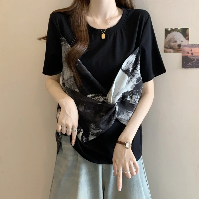 大码设计感扭结假两件短袖T恤女夏季新款胖M宽松显瘦百搭洋气上衣