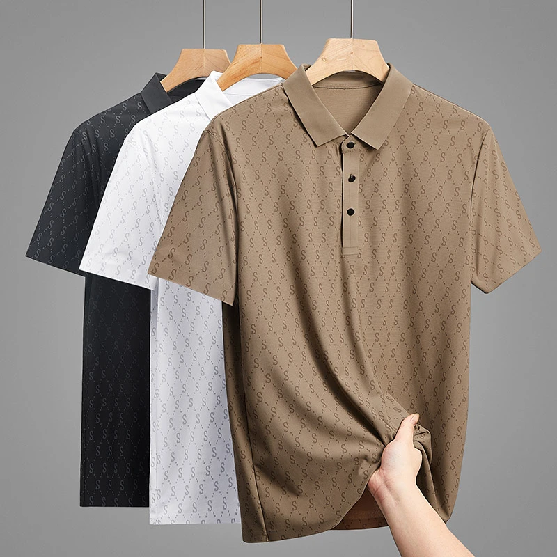 轻奢大牌印花冰丝无痕夏季爸爸男士衬衫翻领短袖T恤衫速干POLO衫