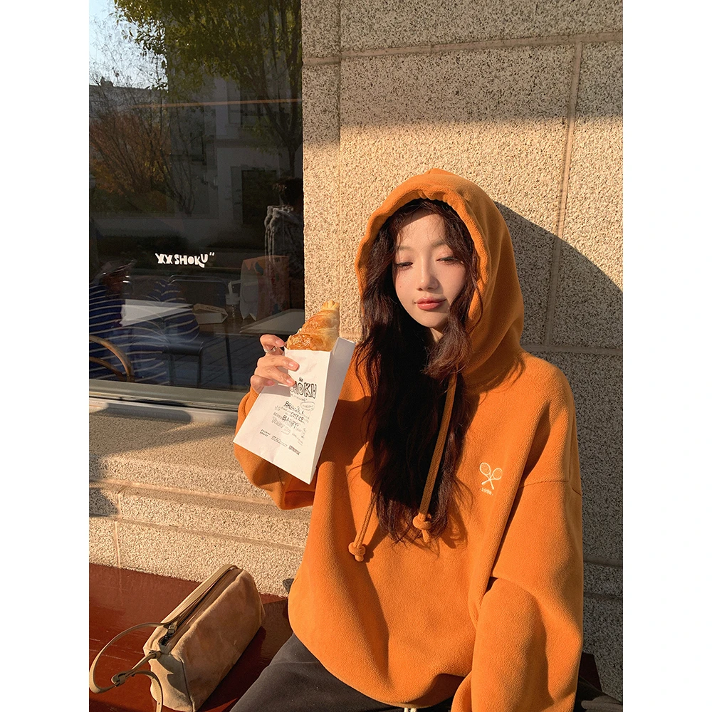 张贝贝ibell撞色网球拍刺绣加绒加厚500g双面糯米绒套头连帽卫衣