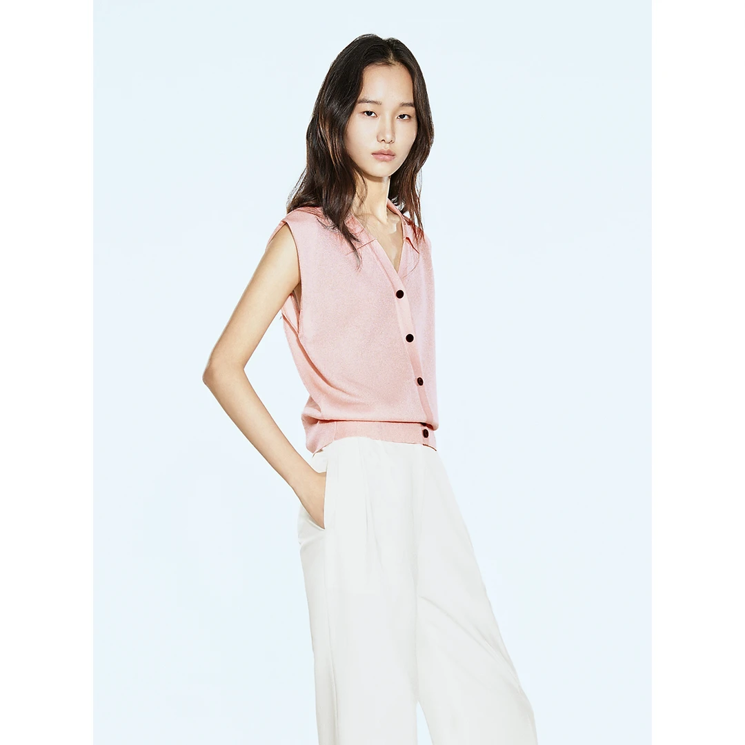 COVERINS夏季新款宽松V领无袖短款毛织开衫女CC35206110