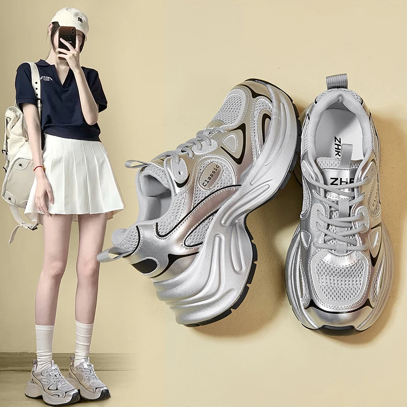 ZHR则则厚底运动休闲鞋女2025春季新款百搭网面透气银色老爹鞋女