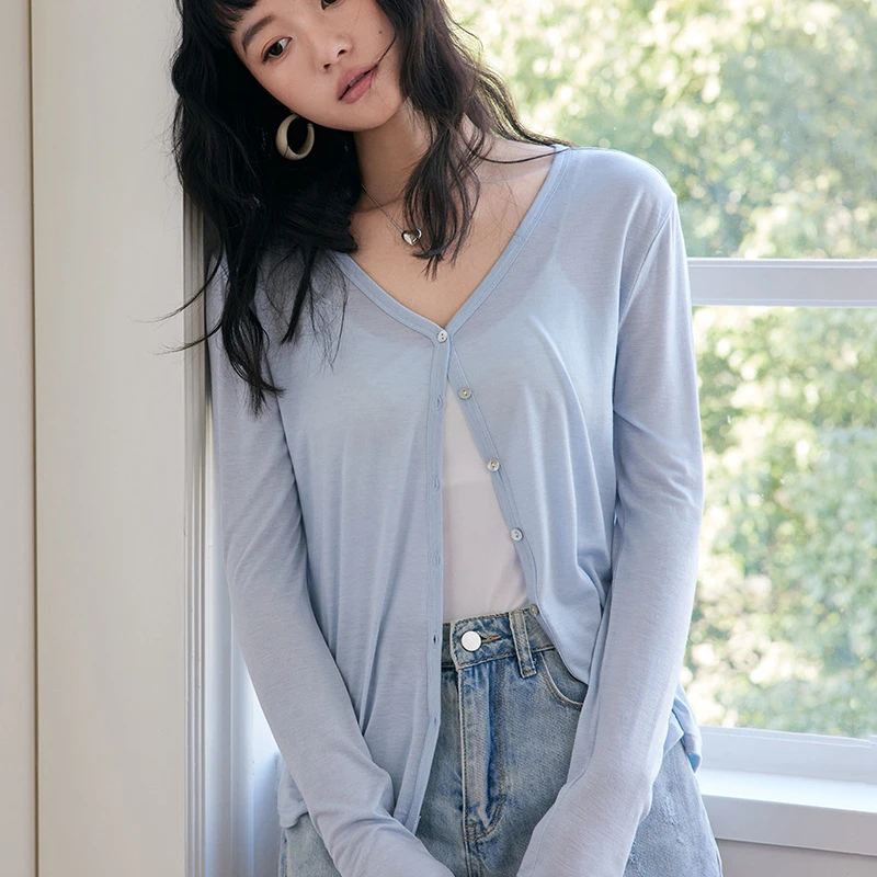 莱赛尔天丝醋酸开衫女2025春夏新款轻薄外套防晒纽扣长袖上衣