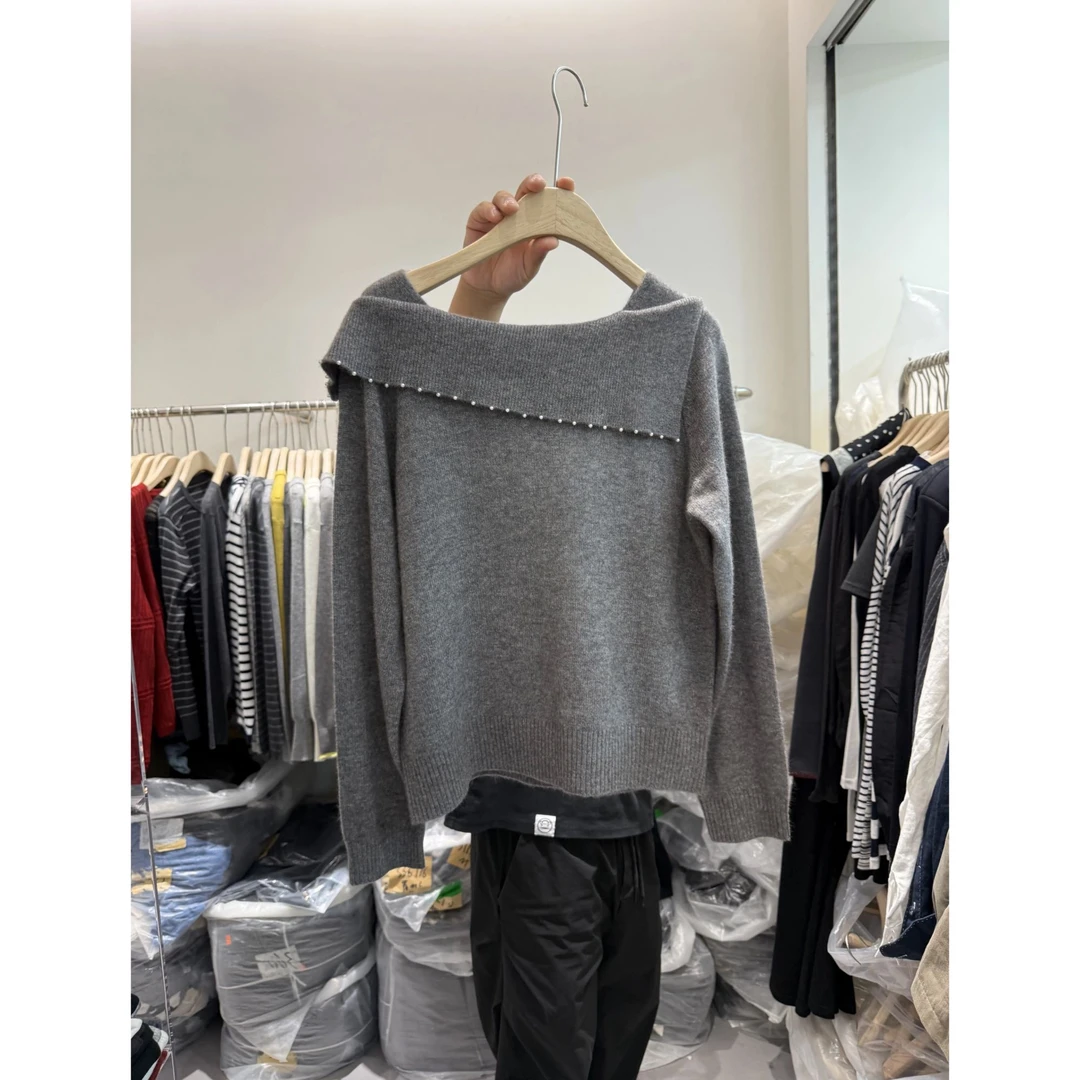 钉珠设计感翻领针织衫上衣女秋冬新款时尚休闲气质内搭针织毛衣