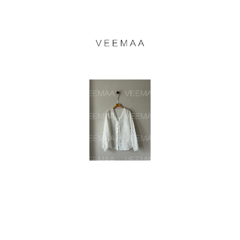 【Veemaa】云朵 定制款v领苎麻蕾丝拼接衬衣（2色）衣长69cm