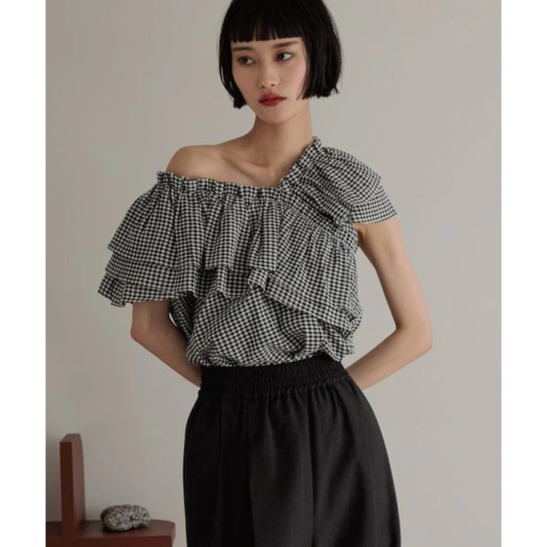 【DD外贸】春季新款  L 小众爆款格纹荷叶边褶皱纯棉无袖衬衫