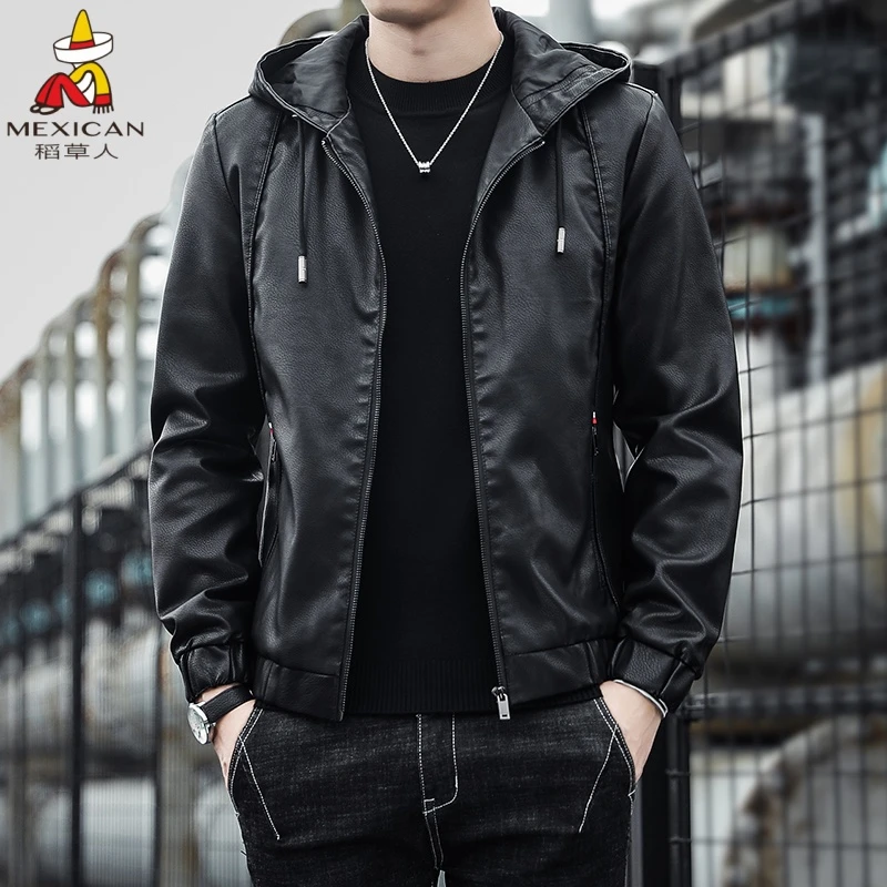 稻草人拉链冬季连帽帅气休闲修身纯色加绒百搭皮衣拼接男青年夹克