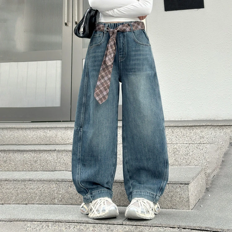 女童牛仔裤春秋款2025新款时尚秋装直筒裤子初中生大童宽松弯刀裤