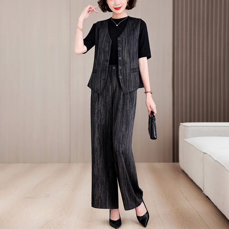 2025夏季新款时尚套装女修身减龄妈妈装薄款阔腿裤休闲两件套