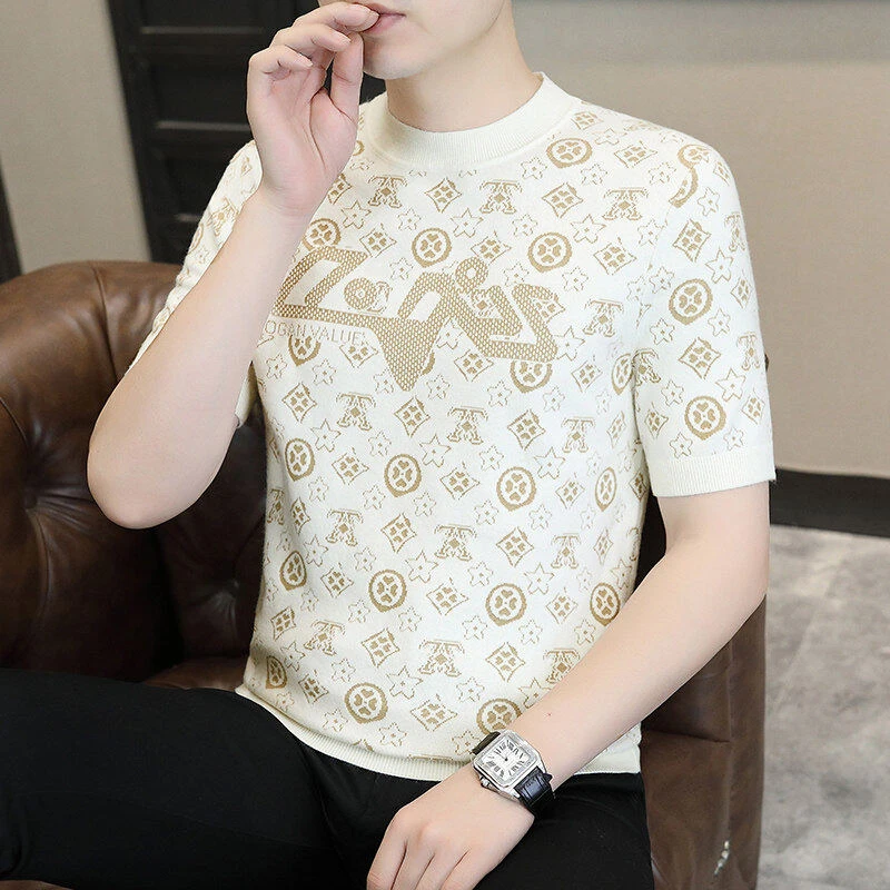 【高品质】欧韩正品针织半袖打底套头毛衣男帅气提花潮流时尚百搭A