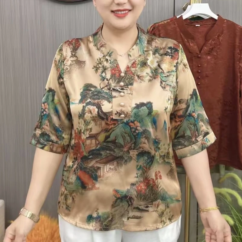 夏季新款中老年妈妈装时尚洋气V领套头盘扣印花中袖女士打底衫