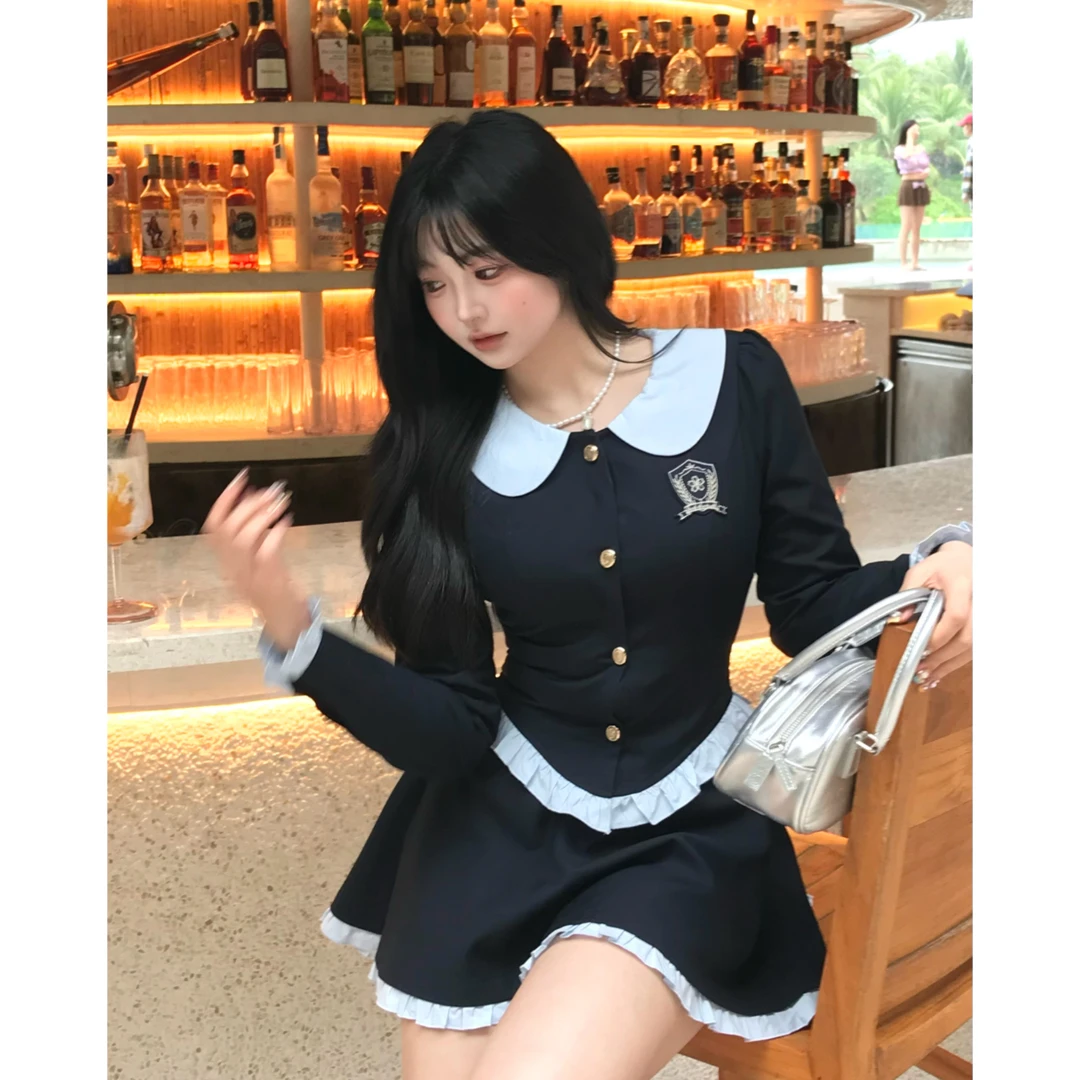 MengFairy清清【青春女大】收腰假两件上衣+撞色高腰半裙 50495050