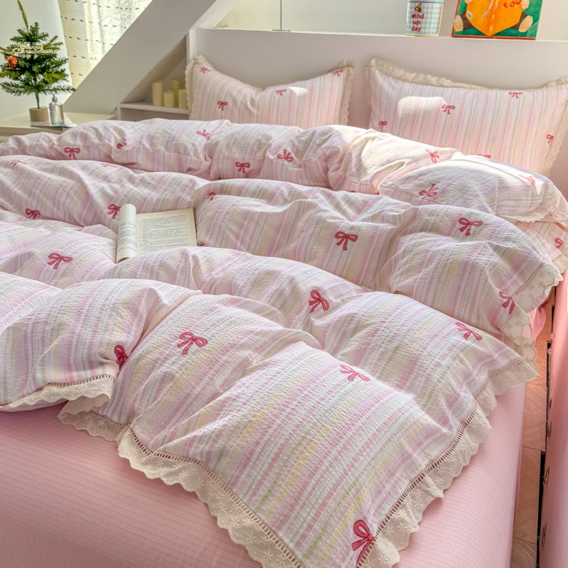 春夏云感双层纱镂空花边床上四件套被套床单韩版套件床上用品