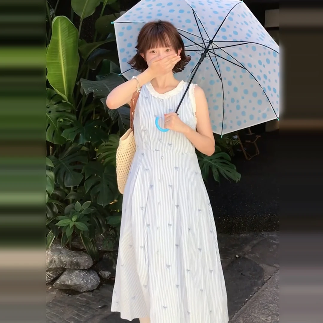 韩系小个子甜美穿搭蓝色无袖连衣裙法式吊带背心长裙子5667