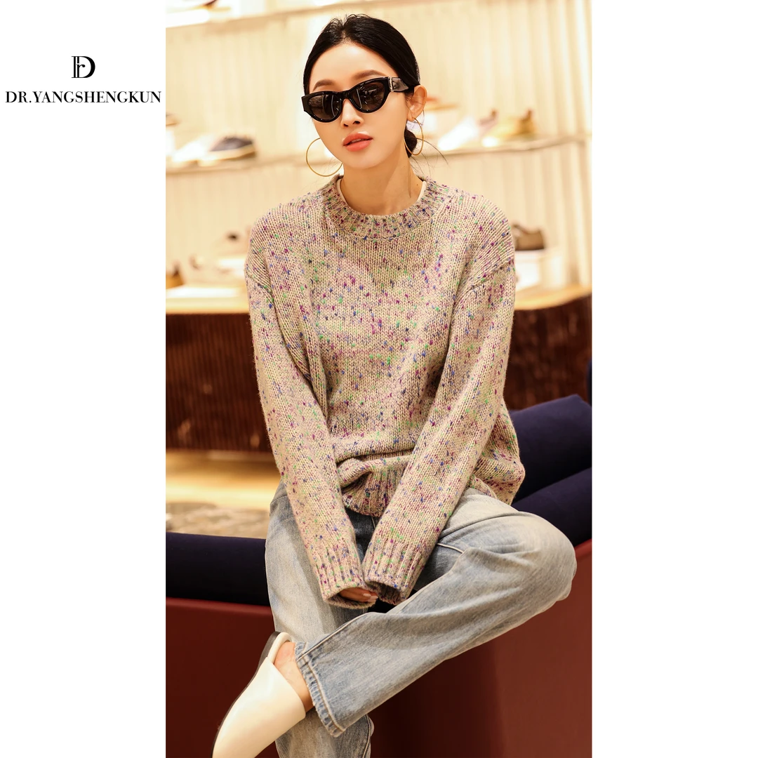 杨圣坤2025秋季100%山羊绒复古慵懒风彩点花纱针织衫SL2581113
