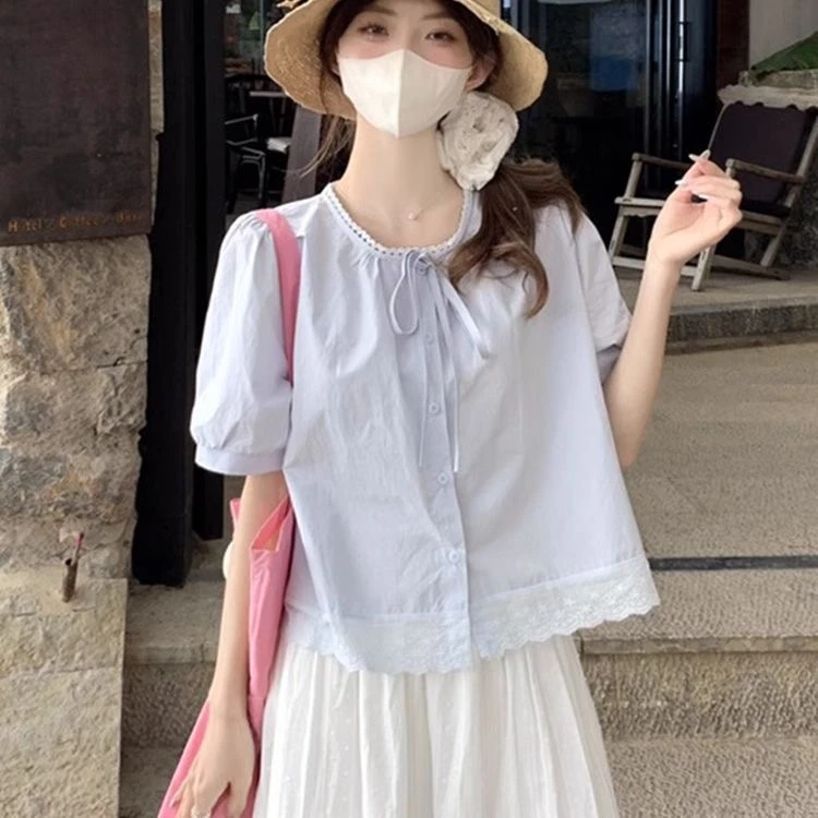 甜美花边拼接短袖衬衫女2025夏上新小个子气质温柔风显瘦别致上衣