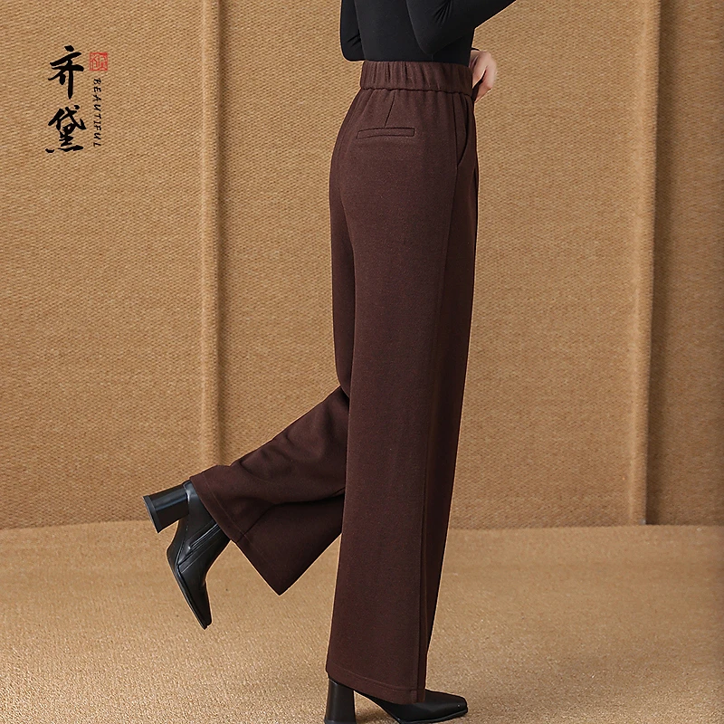 齐黛品牌妈妈羊毛休闲裤女士2025秋冬新款松紧腰保暖百搭直筒裤子