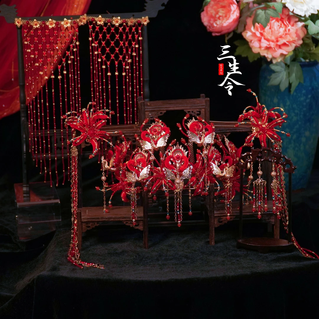 三生令【红妆】红色彼岸花国仙气风古风婚嫁新娘头饰新中式同款