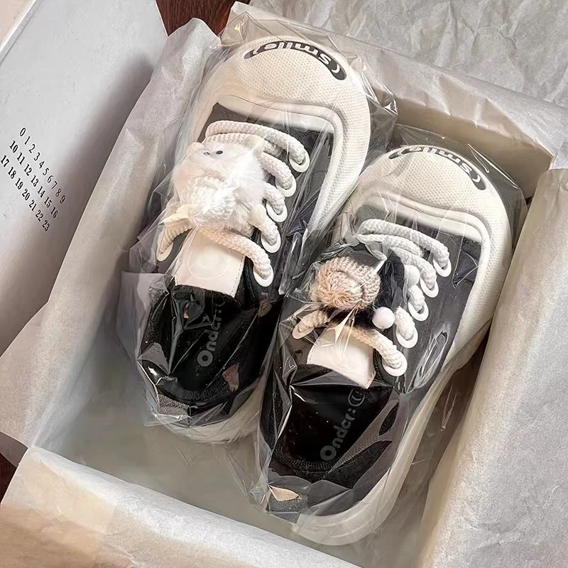 开口笑黑色帆布鞋男女款新款厚底百搭面包鞋女鞋丑萌大头休闲板鞋