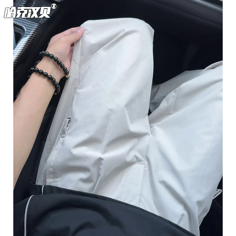 夏季压褶速干裤男薄款痞帅潮男裤子宽松工装裤老钱风透气休闲长裤