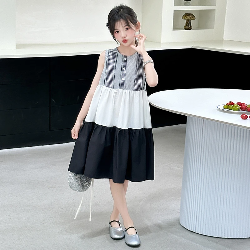 女童夏装裙子2025新款女大童夏天学院风公主裙儿童夏季拼色连衣裙