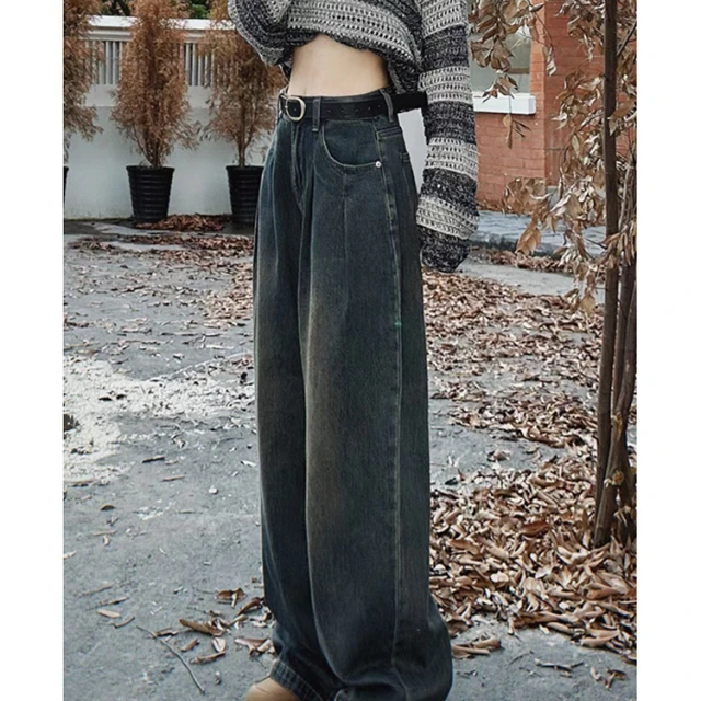 水泥灰牛仔裤女大尺码女装裤子梨型身材遮胯显瘦显腿长覆古阔腿长