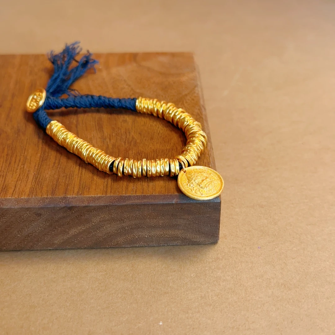 925银布艺手链 黄爷爷进米盘缠藏蓝色s925银手绳