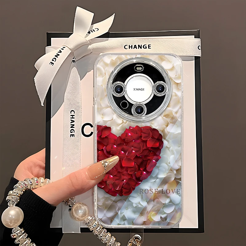 适用于【华为】Mate60红色爱心玫瑰花瓣时尚精孔羽纱手机壳