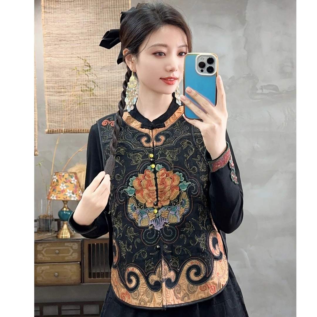 [艺美]（春庭暮）冬款民族风复古重工刺绣加棉马甲中式坎肩中国风