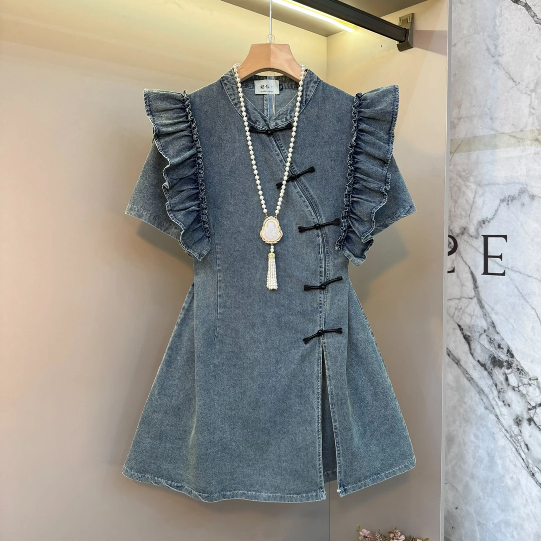 新款新中式国风牛仔盘扣木耳花边大码女装上衣+短裤俩件套8592