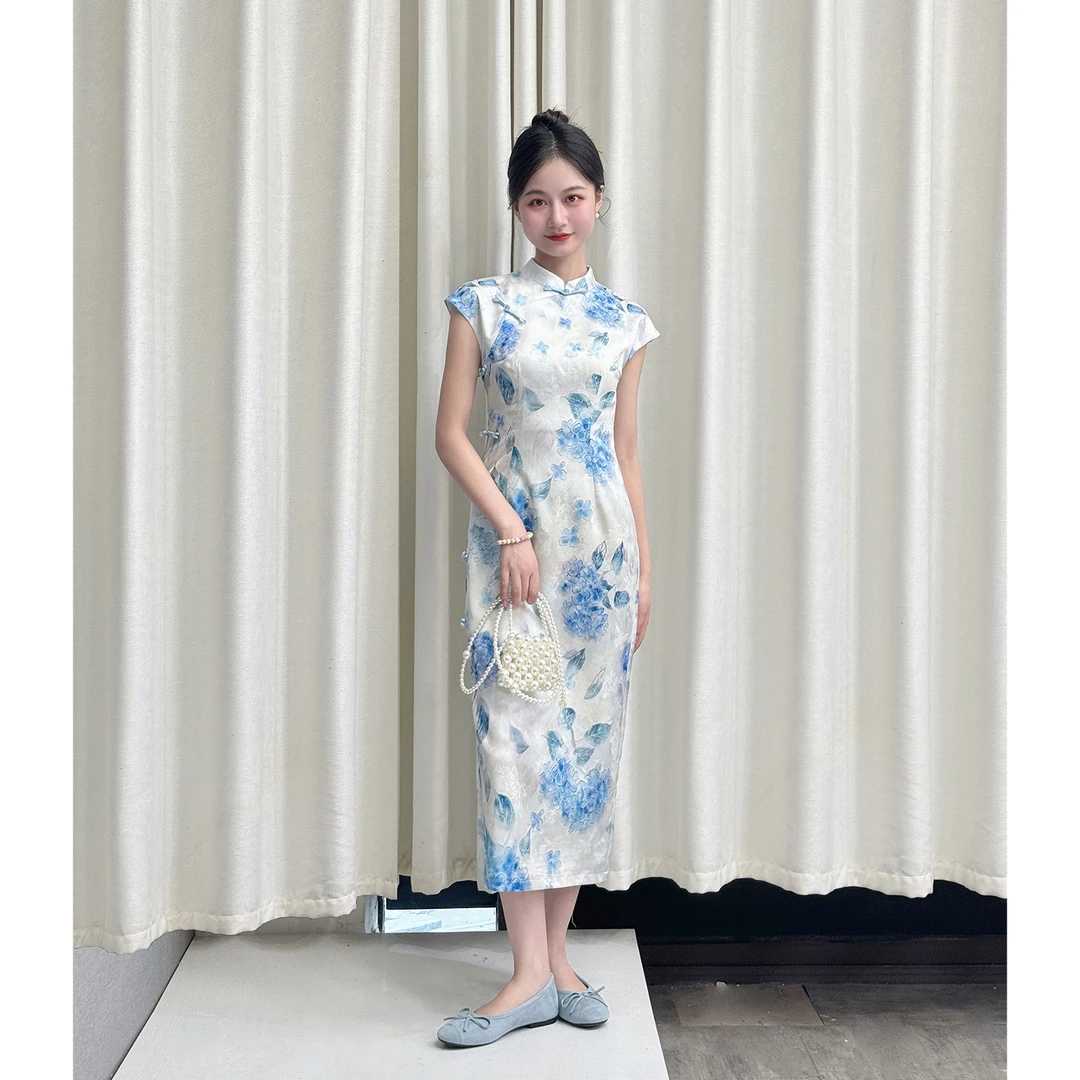 【柔蓝蔓花】小娜椒小个子气质优雅新中式国风蓝色复古改良款旗袍女