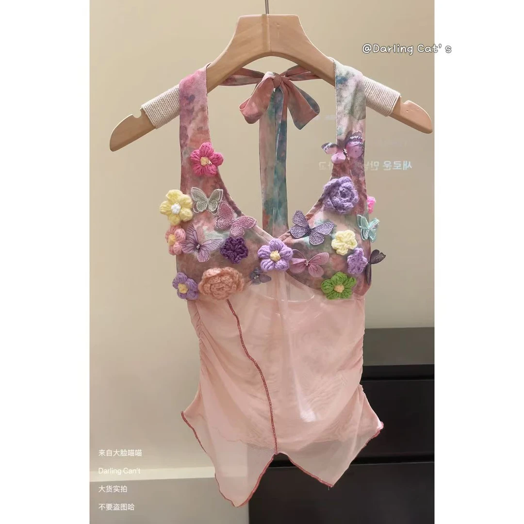 大脸喵 花涧集 绝美晕染性感辣妹挂脖吊带背心女夏季微透显瘦上衣