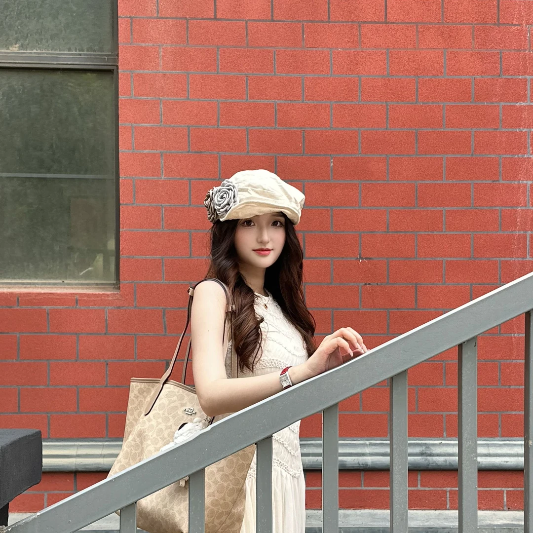 氛围感花朵夏季贝雷帽薄款时尚大头围百搭报童帽子透气文艺百搭