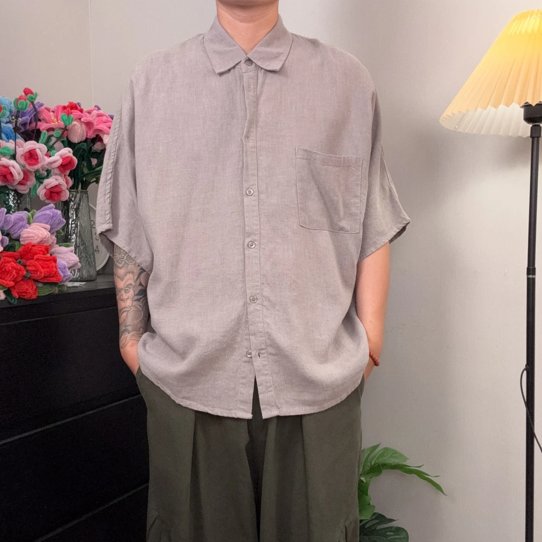 亚麻天丝混纺日式工装短袖衬衫